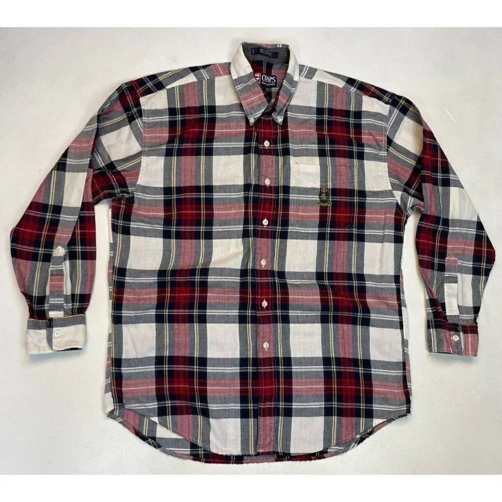 VINTAGE Chaps Ralph Lauren Plaid Shirt Men Large Crest Logo Long Sleeve 90s